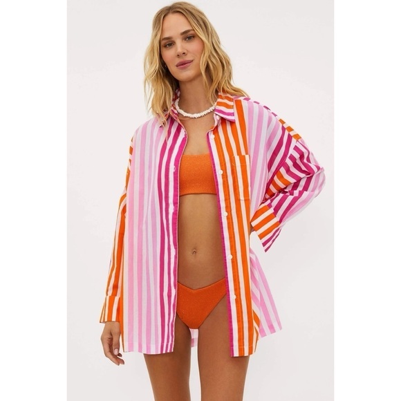 Beach Riot Pink and Orange Striped Button Down Shirt - Picture 2 of 11